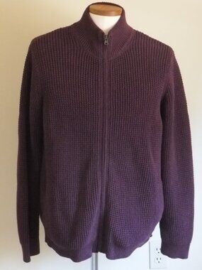 LL Bean Sweater Mens XL Maroon Full Zip 100% Organic Cotton Pockets Waffle Knit